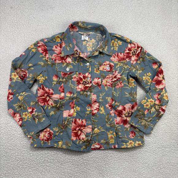 Vintage Norm Thompson Floral Chambray Denim Jacket M 100% Cotton Lightweight USA - Picture 1 of 6